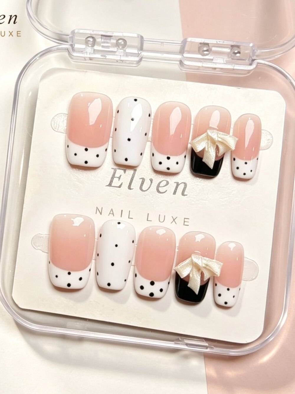 Sweet Short Square Press On Nails Nude White Polka Dot French Tip With Cream Bow